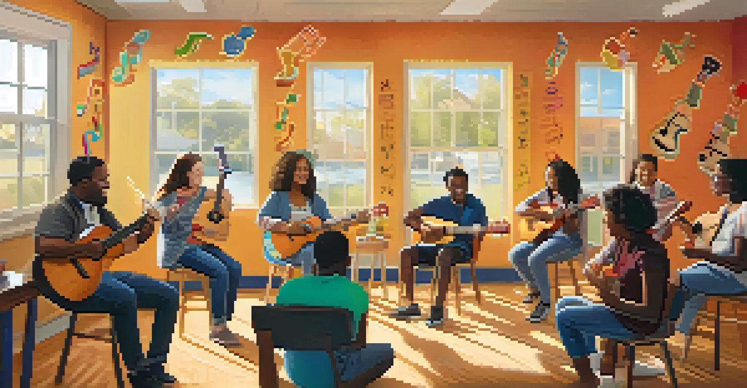 An experienced musician teaching a ukulele workshop with participants in a bright community center.