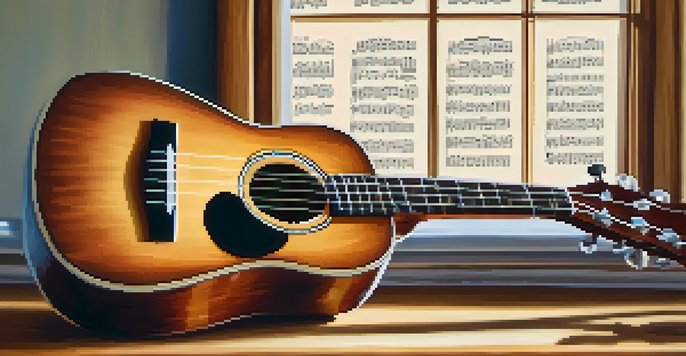A close-up of a ukulele on a wooden table with sheet music and a pencil nearby, illuminated by soft natural light.