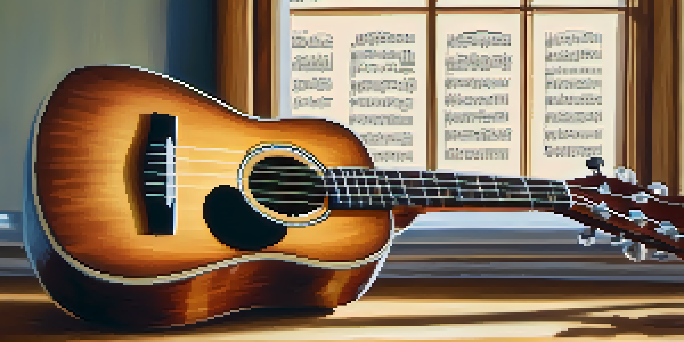 A close-up of a ukulele on a wooden table with sheet music and a pencil nearby, illuminated by soft natural light.