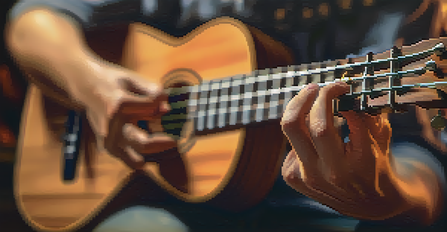 Close-up of hands playing a ukulele with warm lighting.