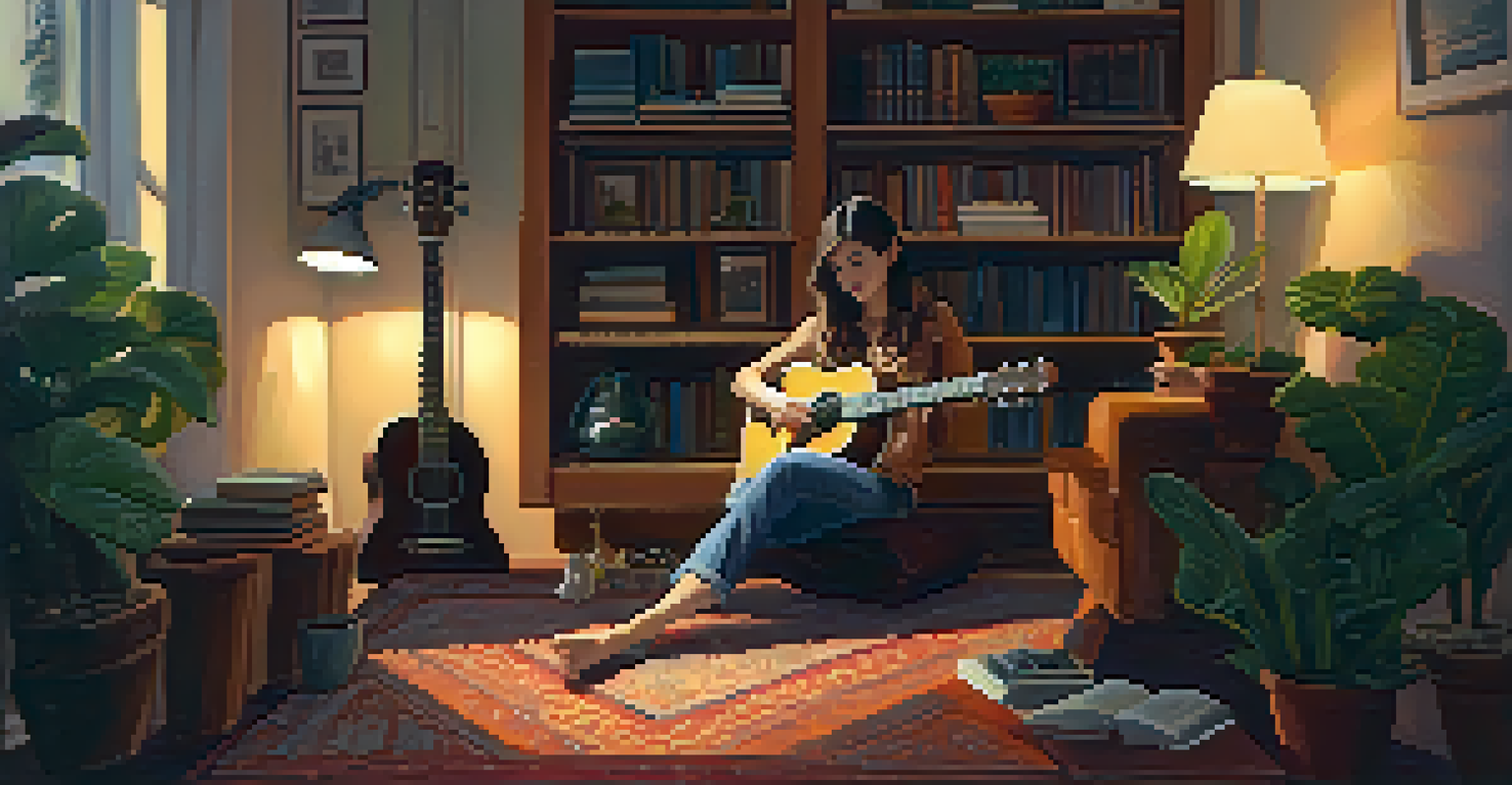 A person sitting on a rug, playing a ukulele in a warmly lit room filled with plants and books.