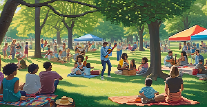 A lively park filled with families enjoying a sunny day, with a person playing a ukulele while others sing and dance around them.