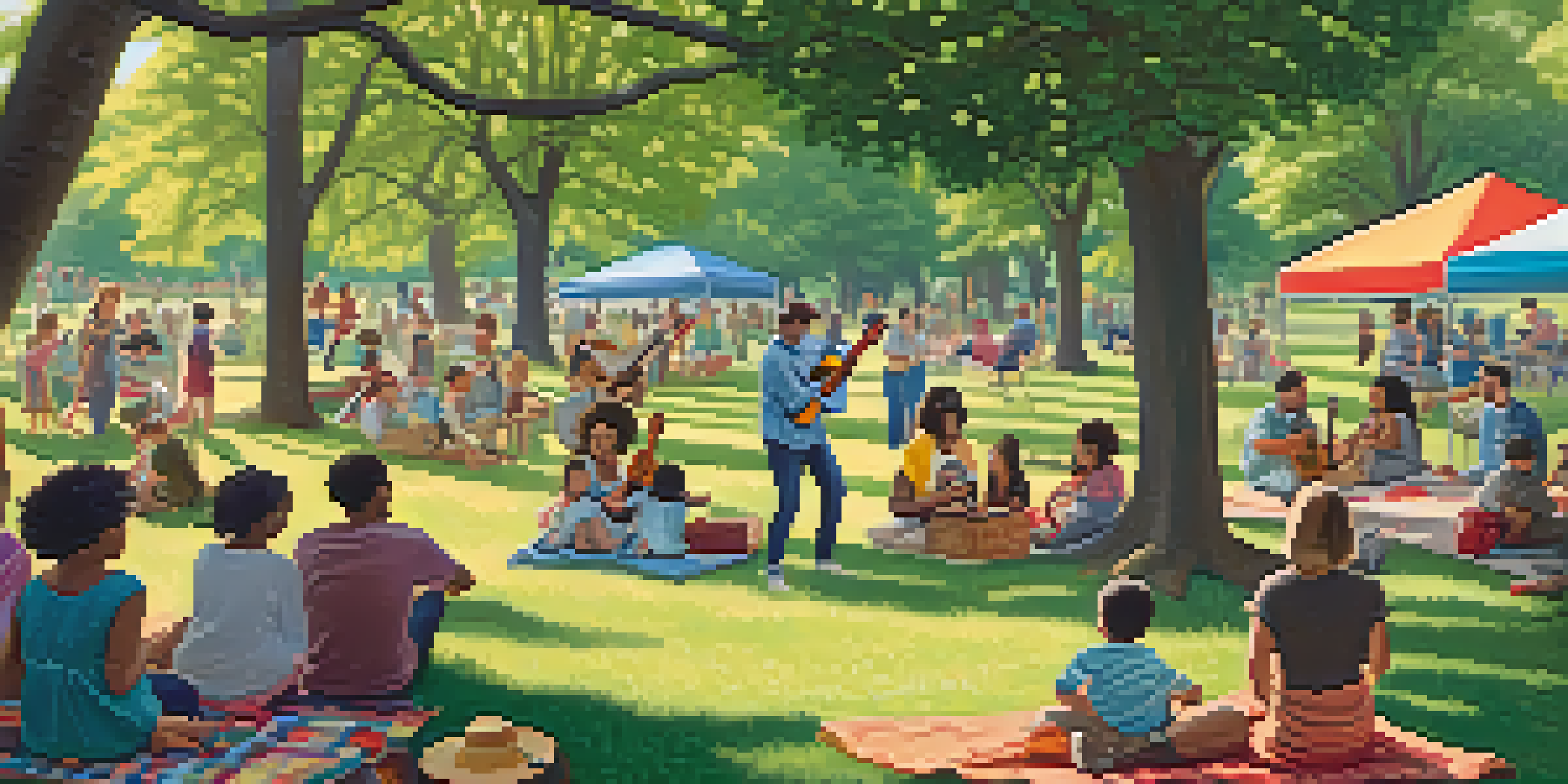 A lively park filled with families enjoying a sunny day, with a person playing a ukulele while others sing and dance around them.