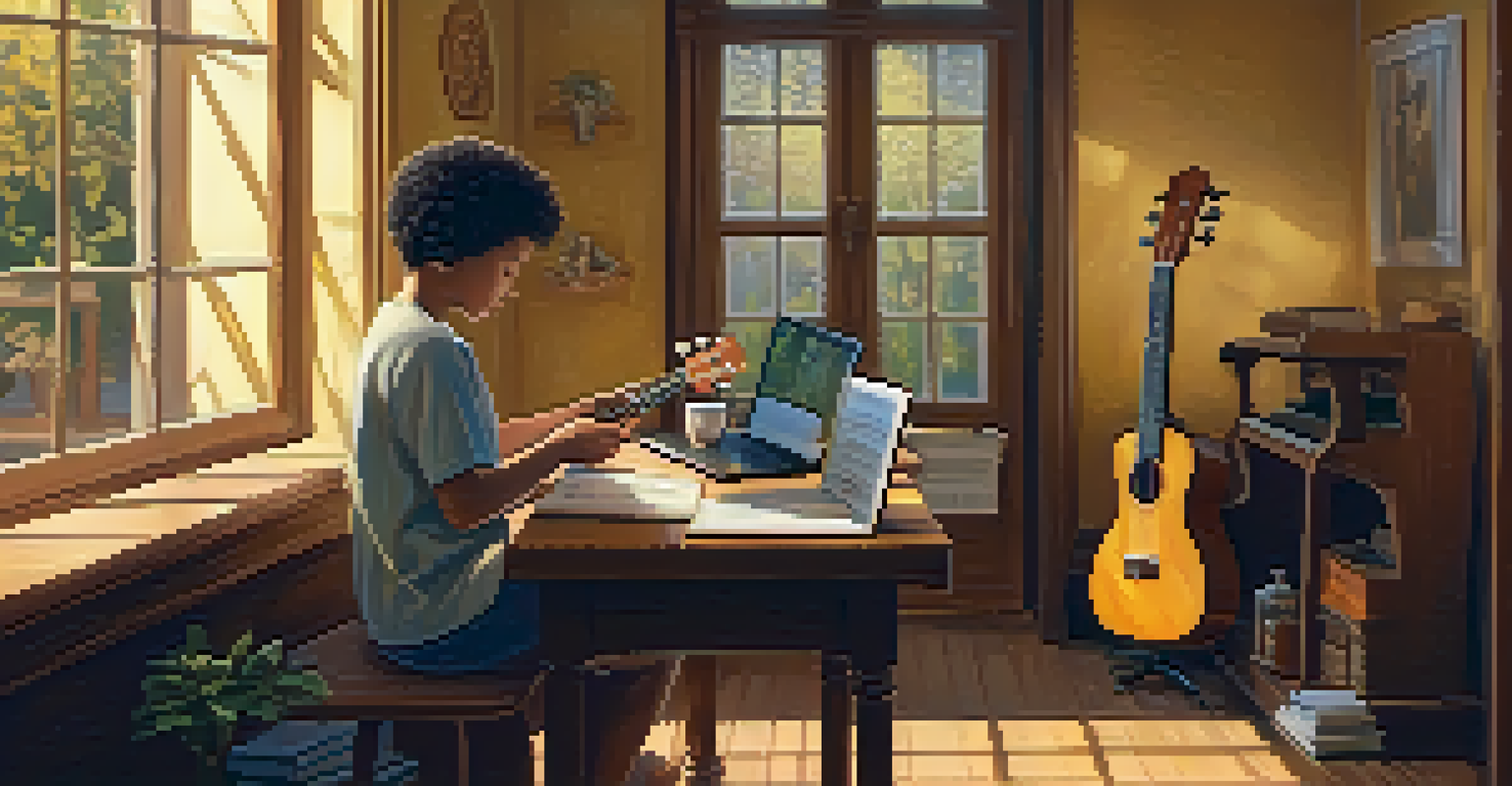 A person sitting at a table in a cozy room, learning ukulele with a laptop and sheet music.