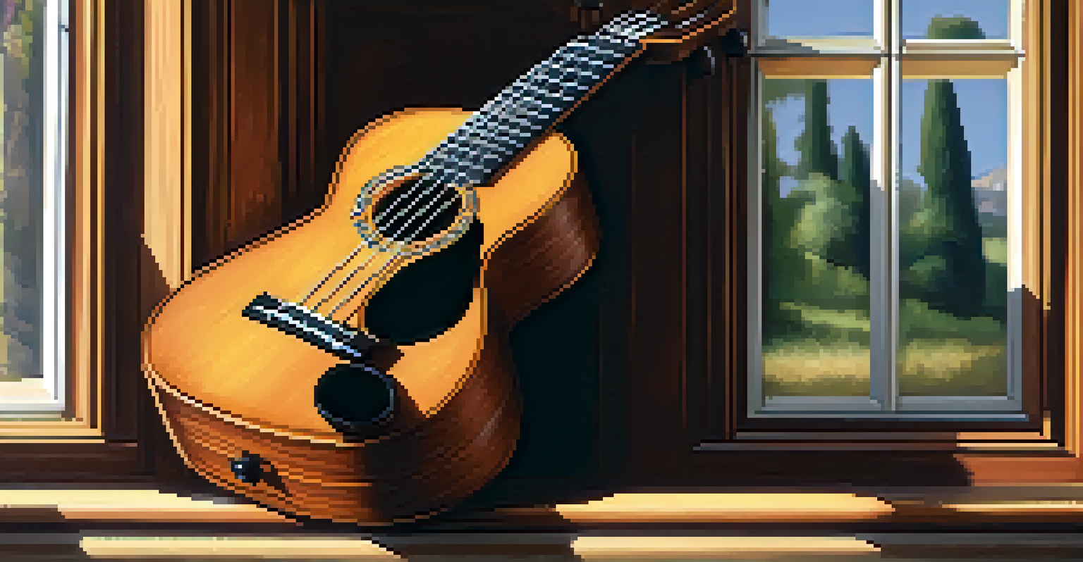 A close-up of a ukulele on a wooden pew with sunlight illuminating its glossy finish.