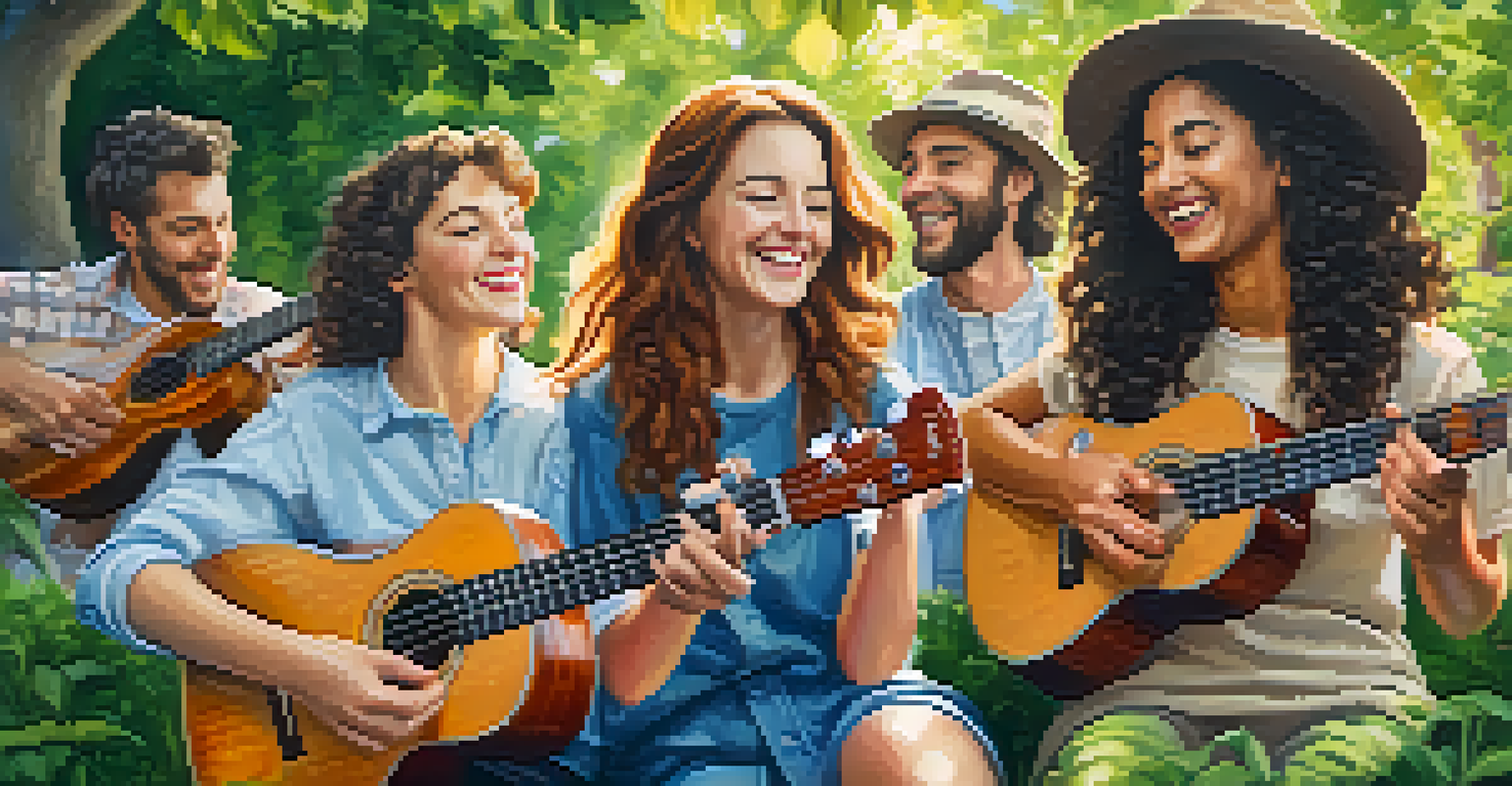 A group of friends playing ukuleles in a sunny park, surrounded by greenery.