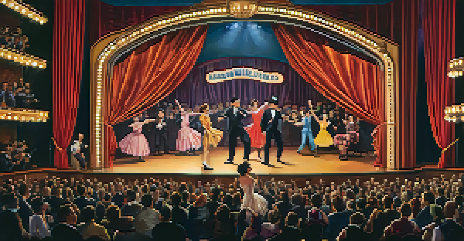 Performers on a vaudeville stage using ukulele music in their act, with colorful curtains and bright lights.