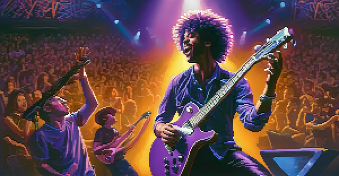 A metal guitarist and a ukulele player performing on stage with vibrant lighting and an excited audience.