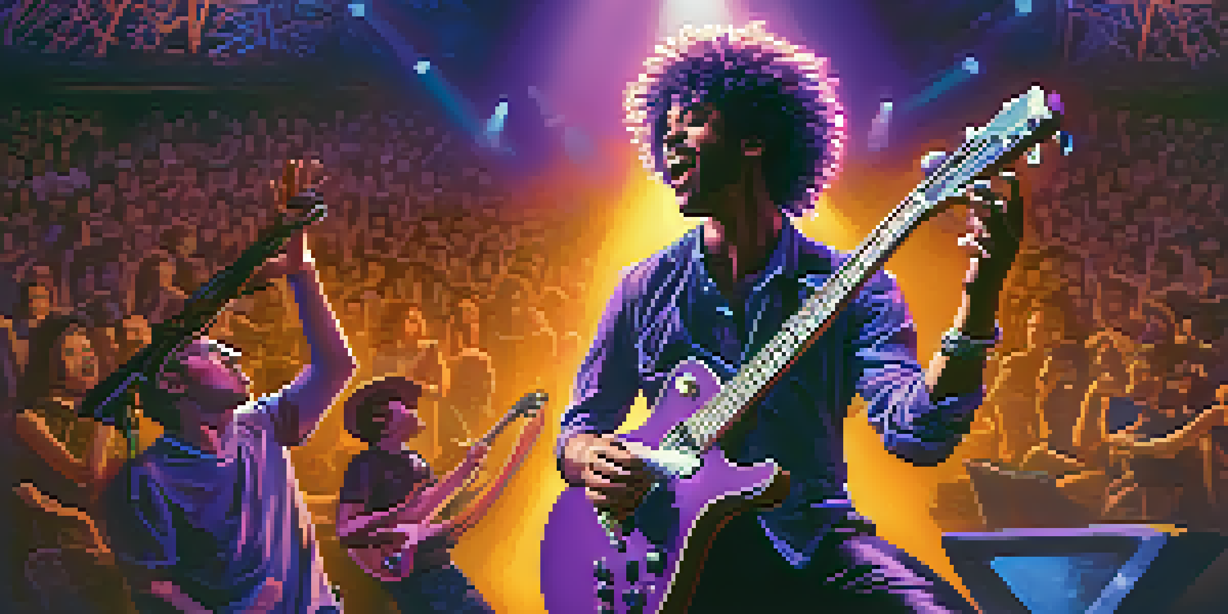 A metal guitarist and a ukulele player performing on stage with vibrant lighting and an excited audience.