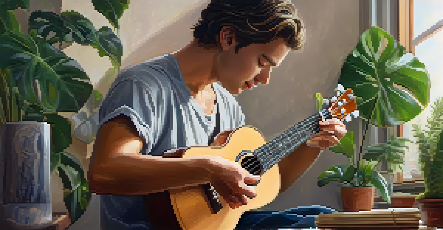 A musician cleaning the strings of a ukulele, surrounded by a cozy room filled with plants.