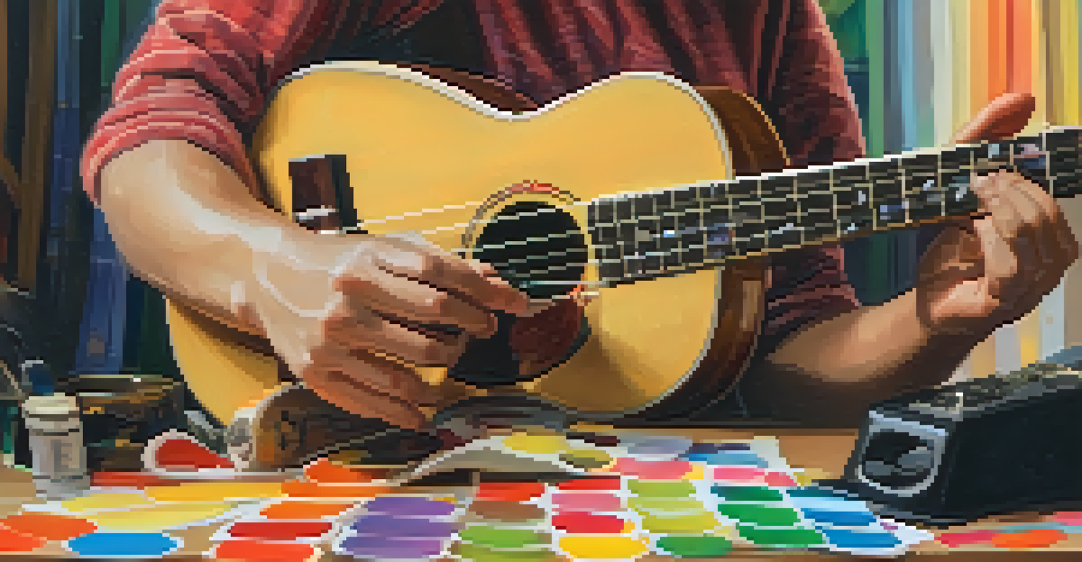 Close-up of hands playing a decorated ukulele, with a cozy room setting in the background, emphasizing creativity and music.