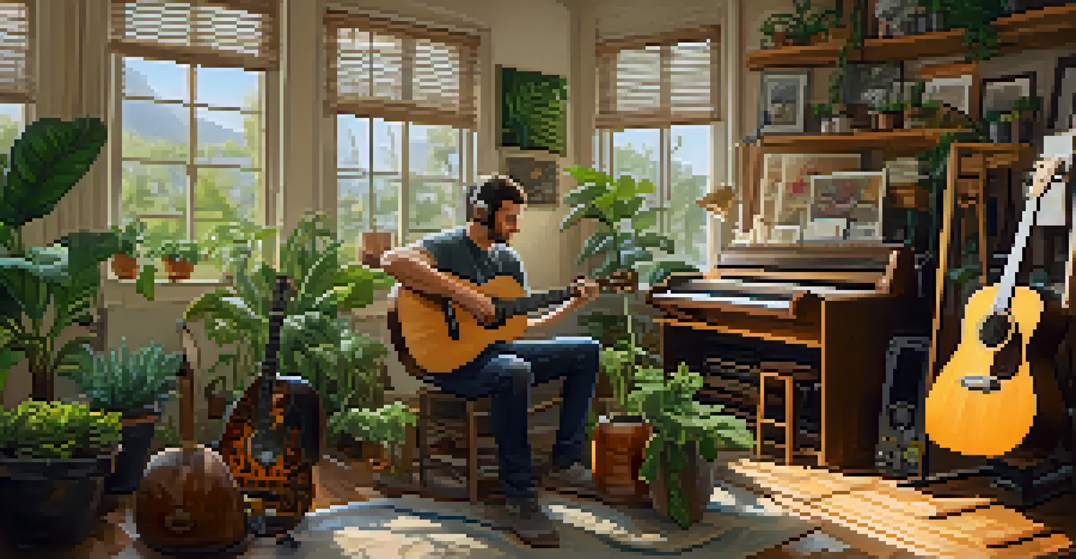 An artist crafting sustainable ukulele strings in a cozy, sunlit studio filled with plants and musical instruments.