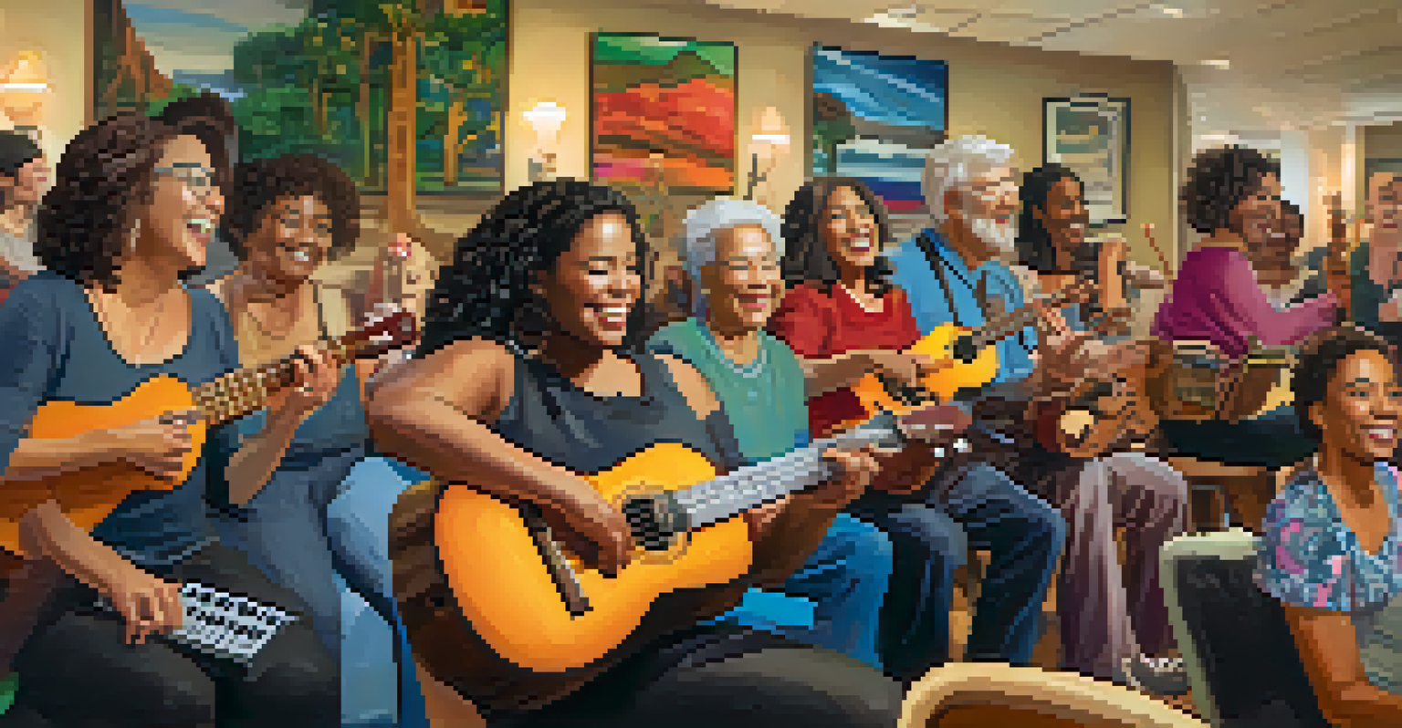 A community workshop where diverse individuals joyfully play ukuleles, surrounded by vibrant decorations and a warm atmosphere.