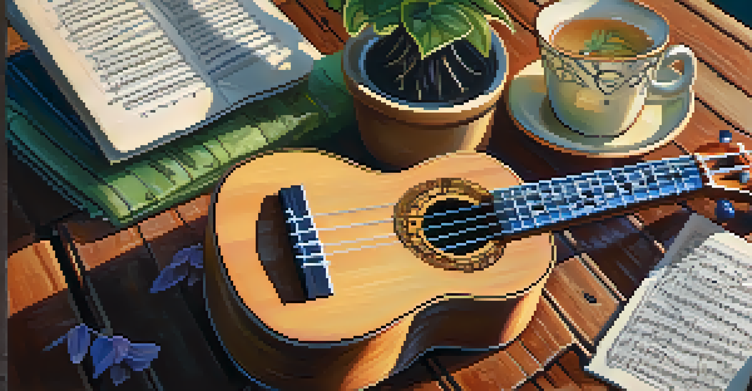 A colorful ukulele on a wooden table, accompanied by handwritten song lyrics and a cup of herbal tea, with soft sunlight creating a warm ambiance.