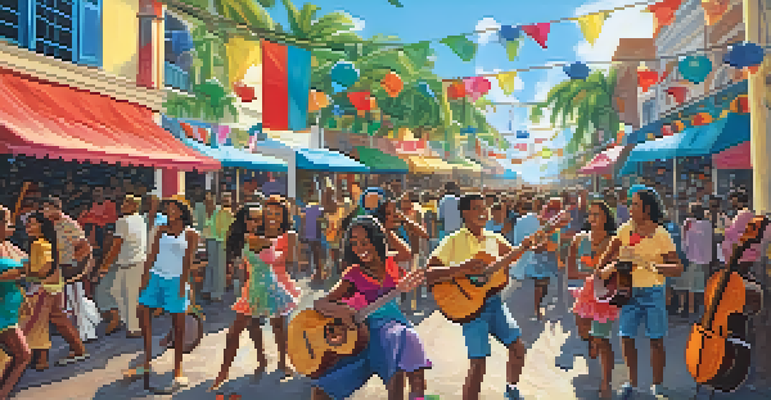 A bustling Caribbean street festival with musicians playing ukuleles on stage and a diverse crowd enjoying the music.