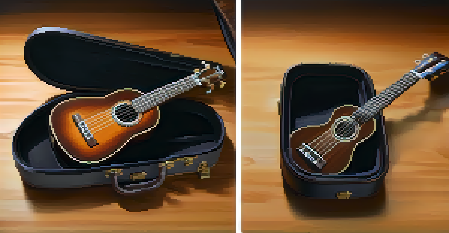 A hard case open with a ukulele inside, showcasing its craftsmanship in soft lighting.