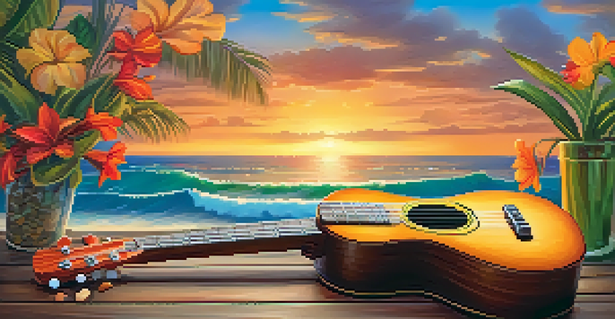 A ukulele on a wooden table with tropical flowers and a colorful sunset in the background.