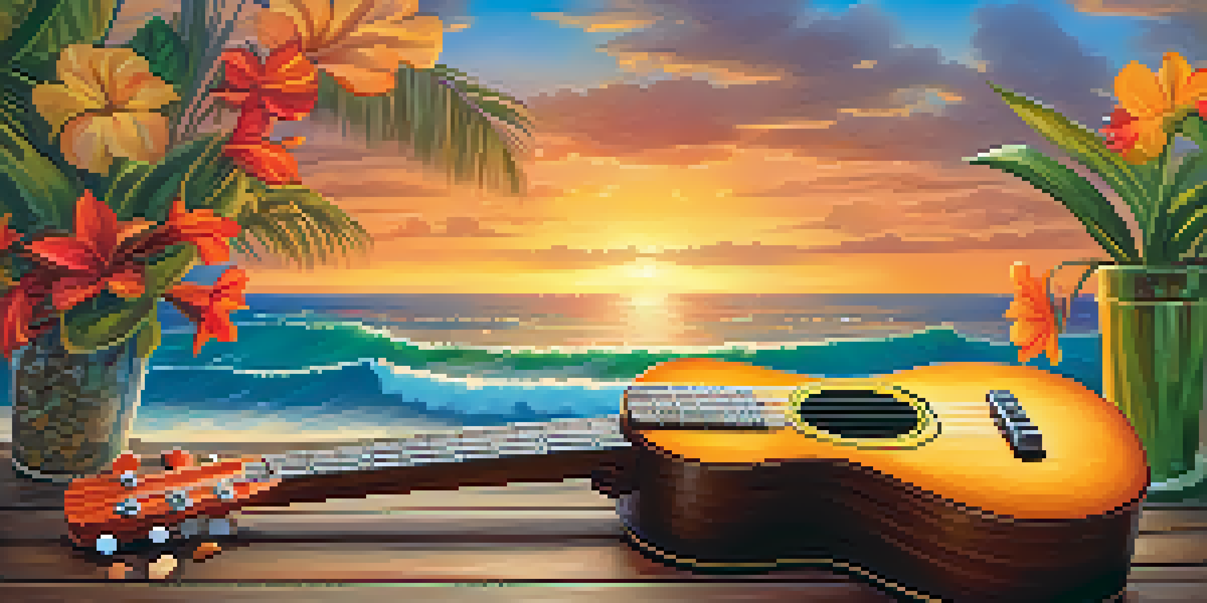A ukulele on a wooden table with tropical flowers and a colorful sunset in the background.