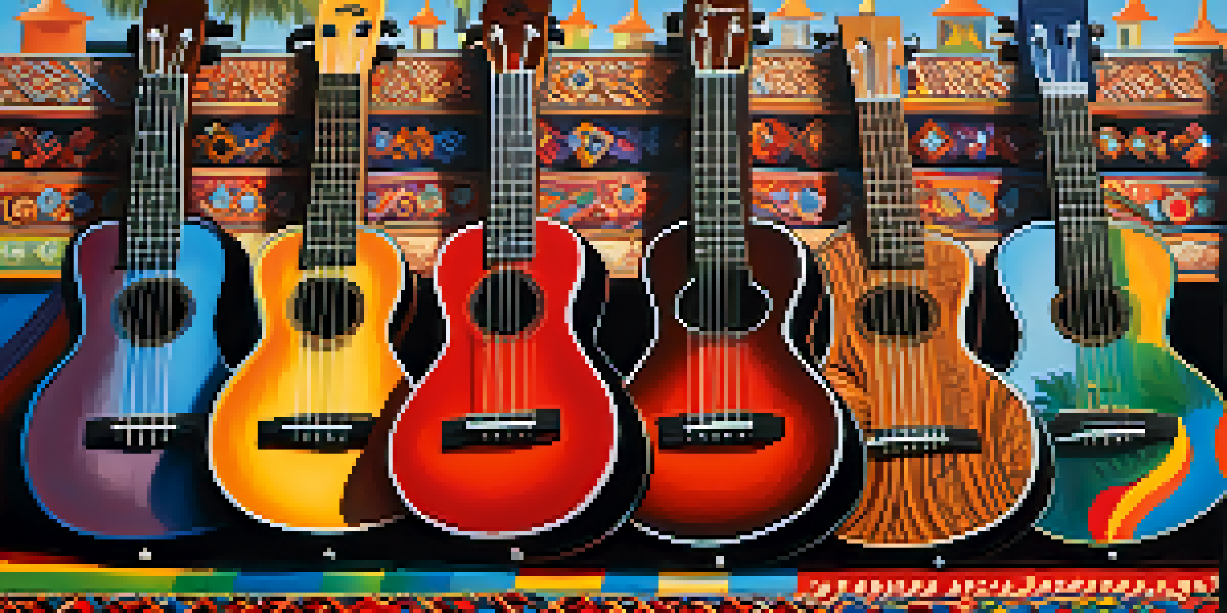 Various ukuleles of different sizes on a colorful blanket at a music festival, with people in the background.