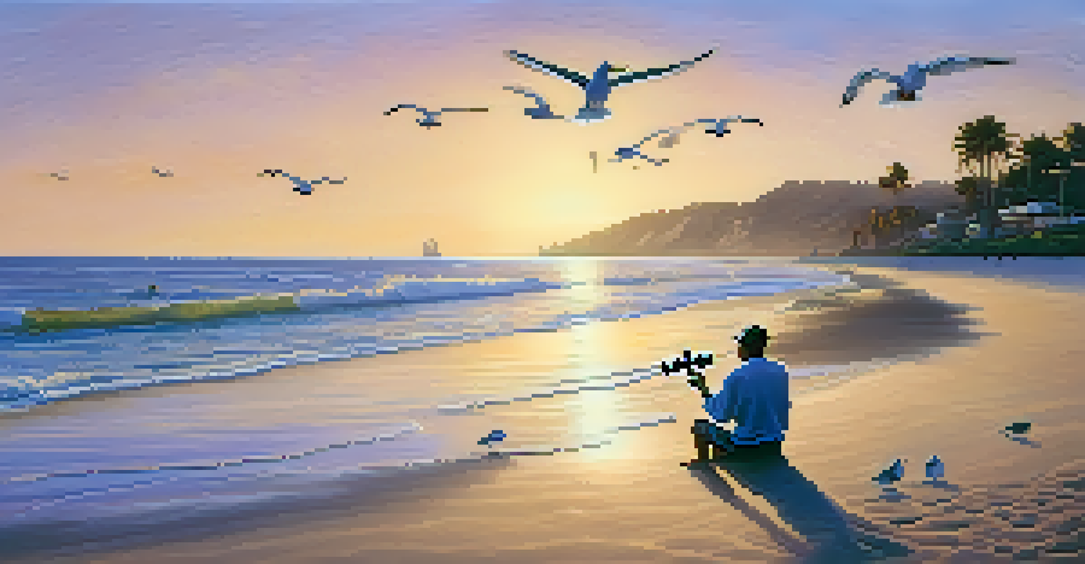 A person sitting on a beach at sunrise, playing a ukulele as the waves gently wash ashore.