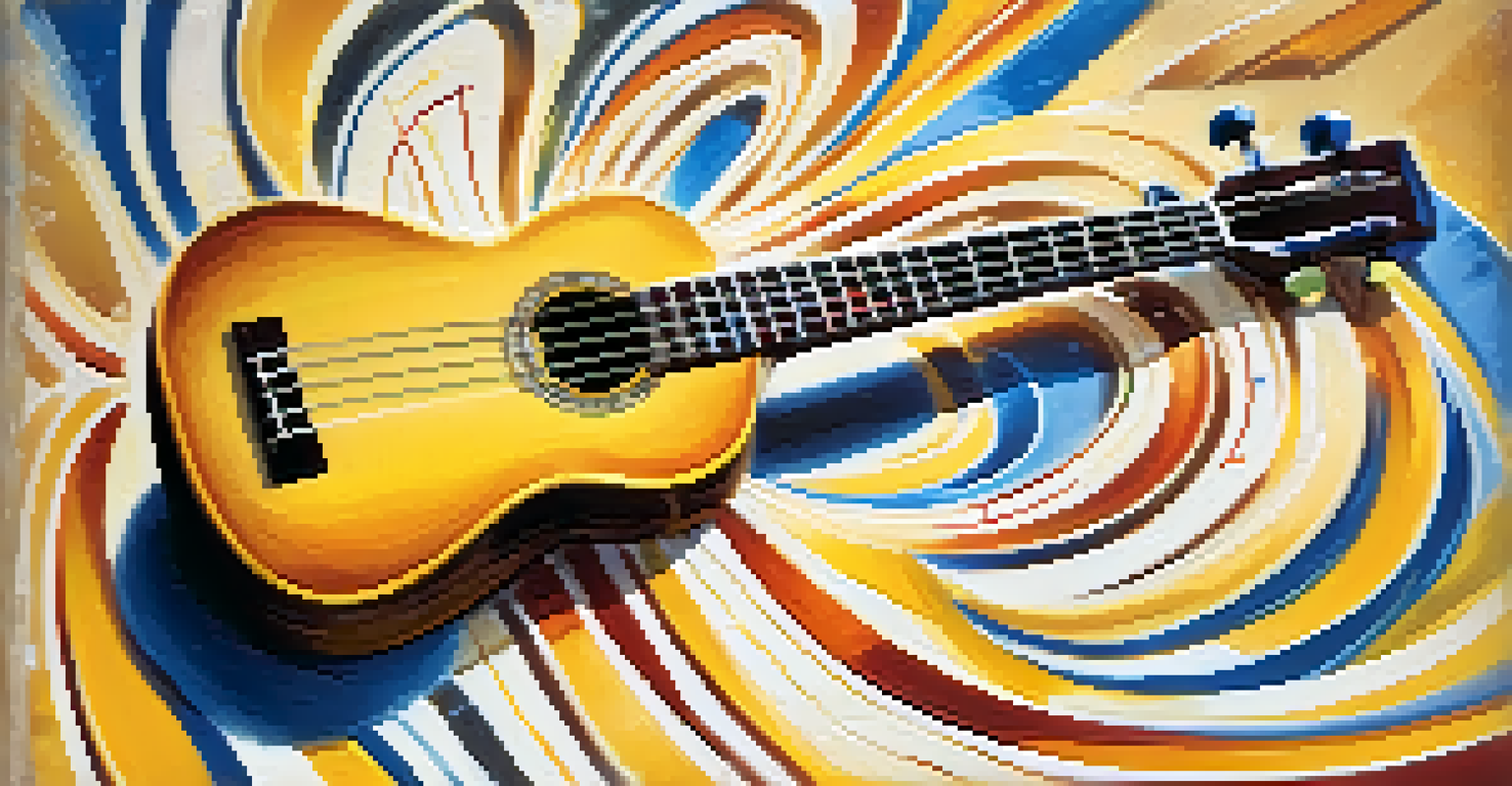 A vibrant illustration of a ukulele surrounded by swirling musical notes against a colorful gradient background.