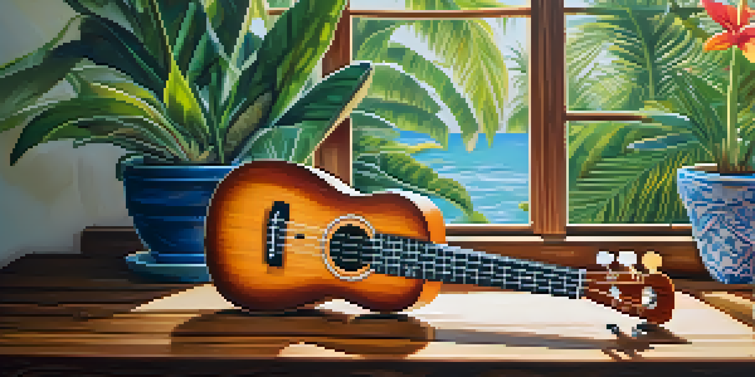A vibrant soprano ukulele on a wooden table with natural light, showcasing its glossy finish and intricate wood grain.