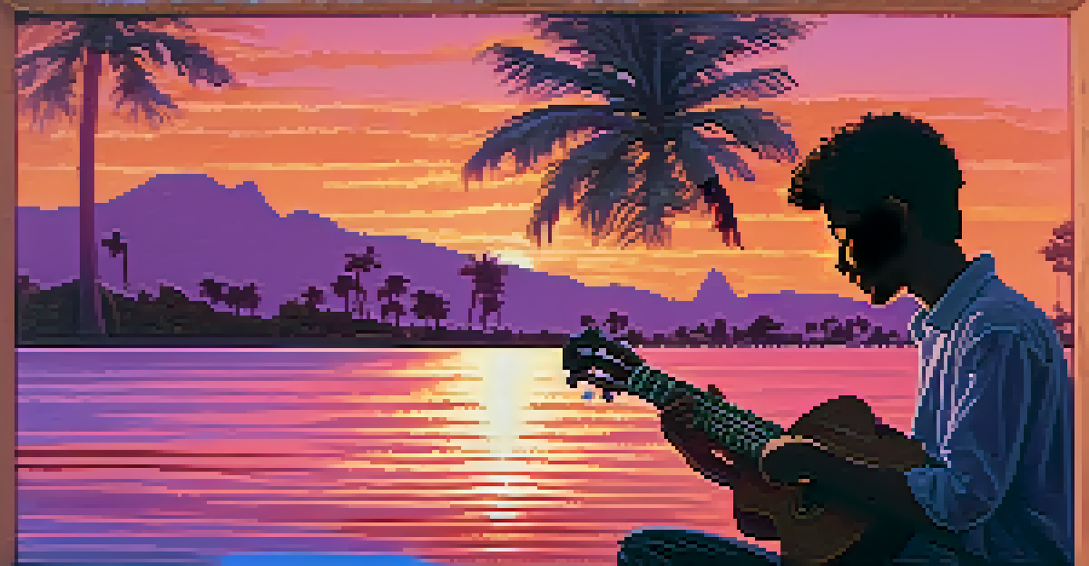 A musician playing a ukulele at sunset with colorful skies and palm trees.