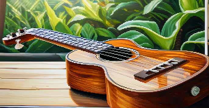 A close-up of a stained ukulele on a wooden table, highlighting its koa wood grain and warm tones.