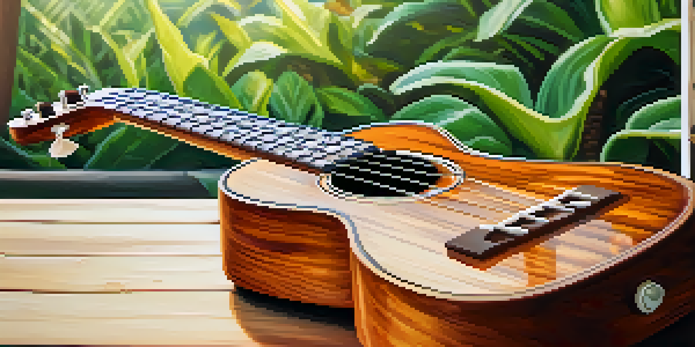 A close-up of a stained ukulele on a wooden table, highlighting its koa wood grain and warm tones.