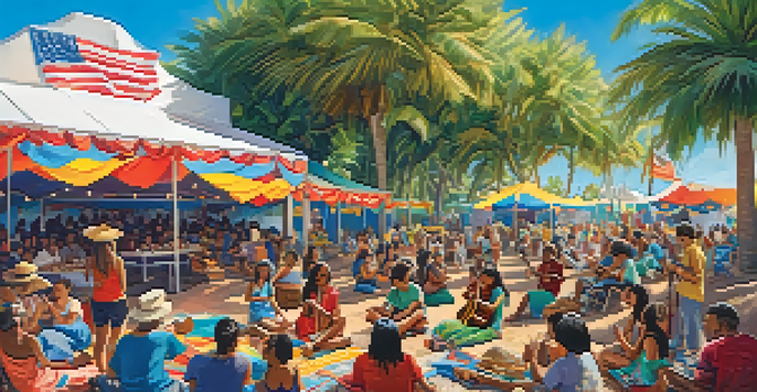 A lively outdoor ukulele festival with diverse musicians performing and an audience enjoying the music under a sunny sky.