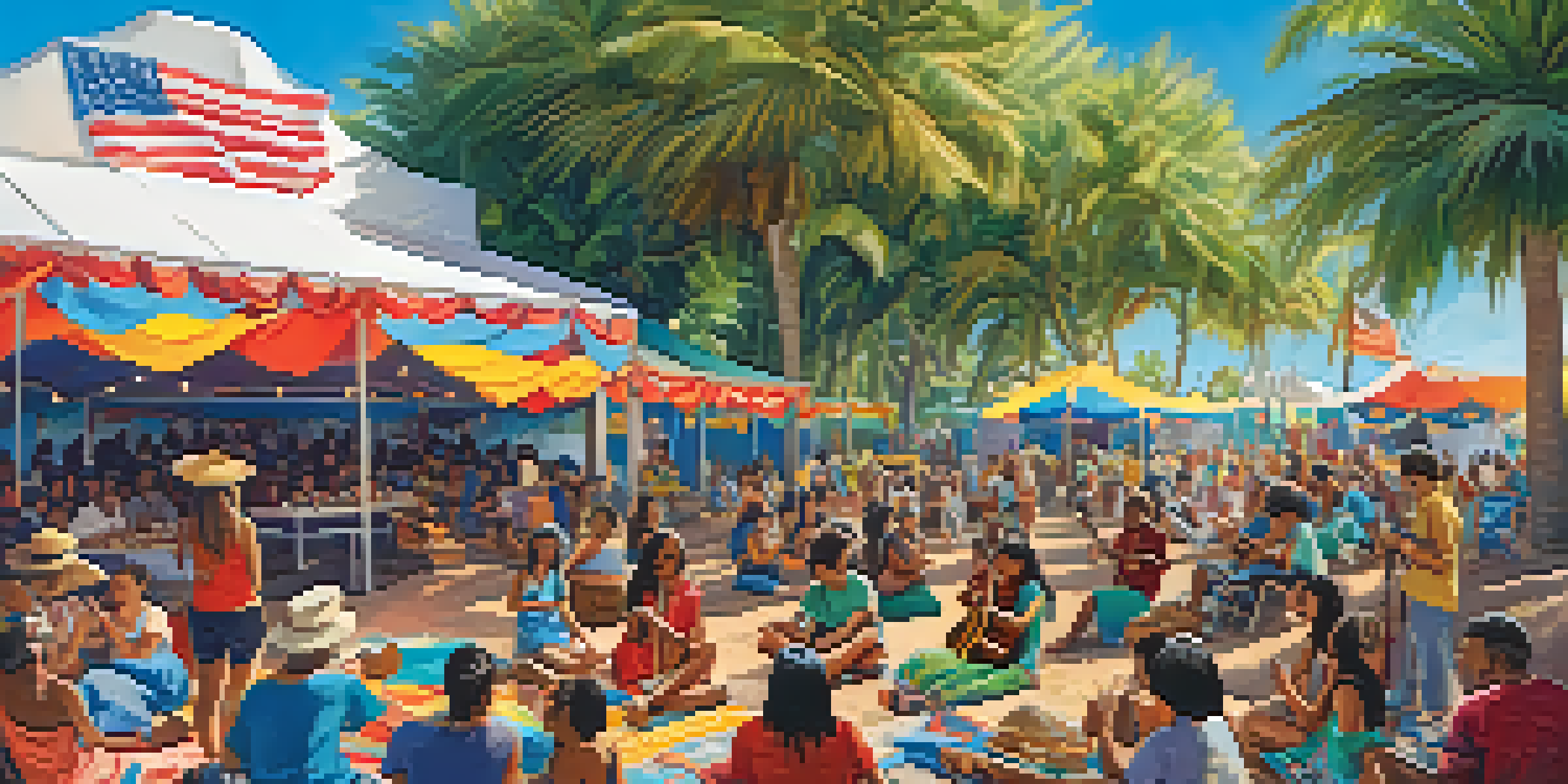 A lively outdoor ukulele festival with diverse musicians performing and an audience enjoying the music under a sunny sky.