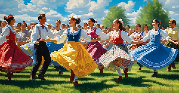 A group of dancers in traditional Eastern European clothing performing a lively polka dance outdoors, with an audience clapping and a bright blue sky above.