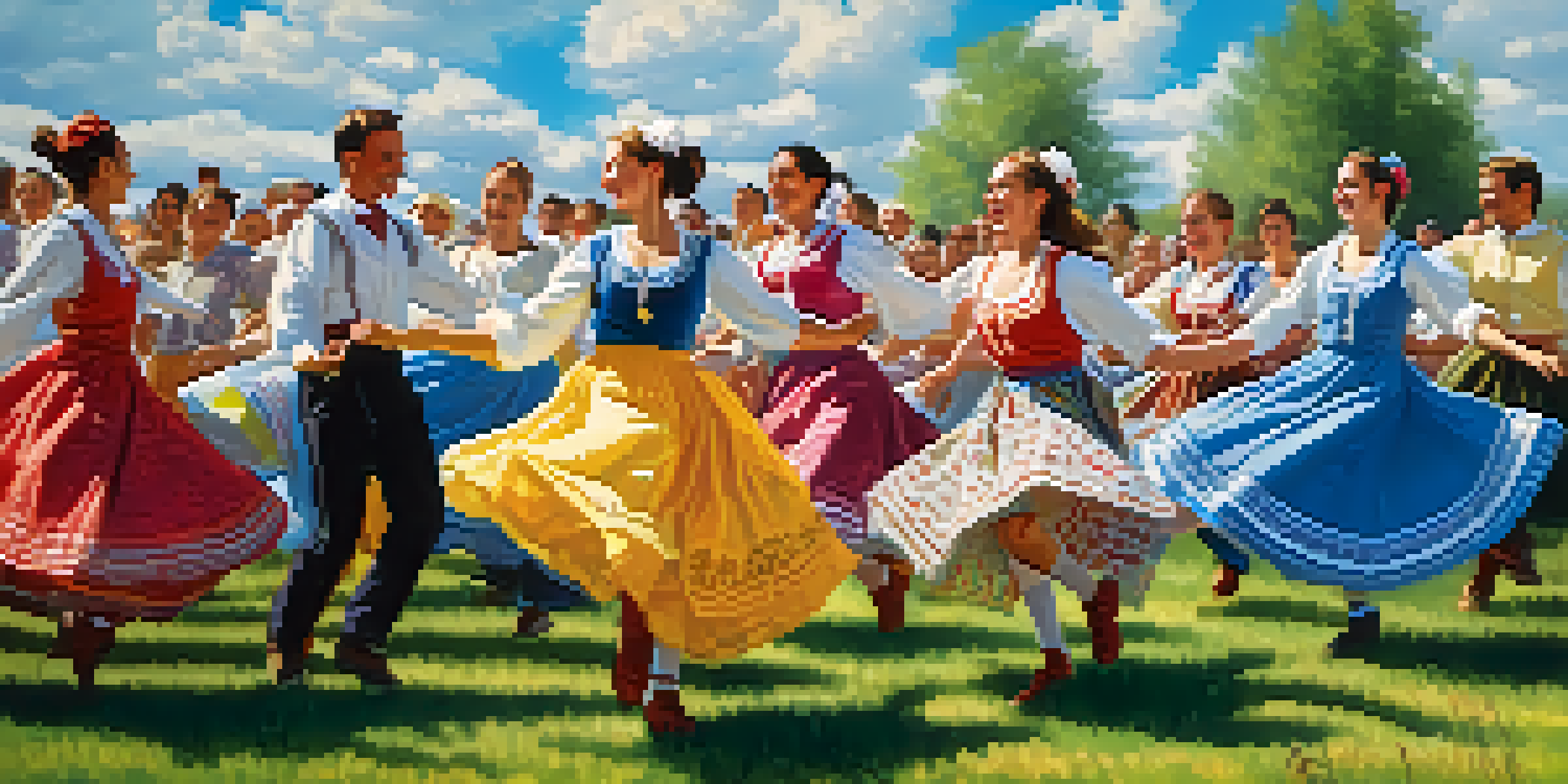 A group of dancers in traditional Eastern European clothing performing a lively polka dance outdoors, with an audience clapping and a bright blue sky above.