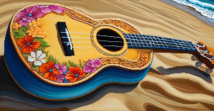 A close-up of a ukulele on the beach with flowers and sunset in the background.