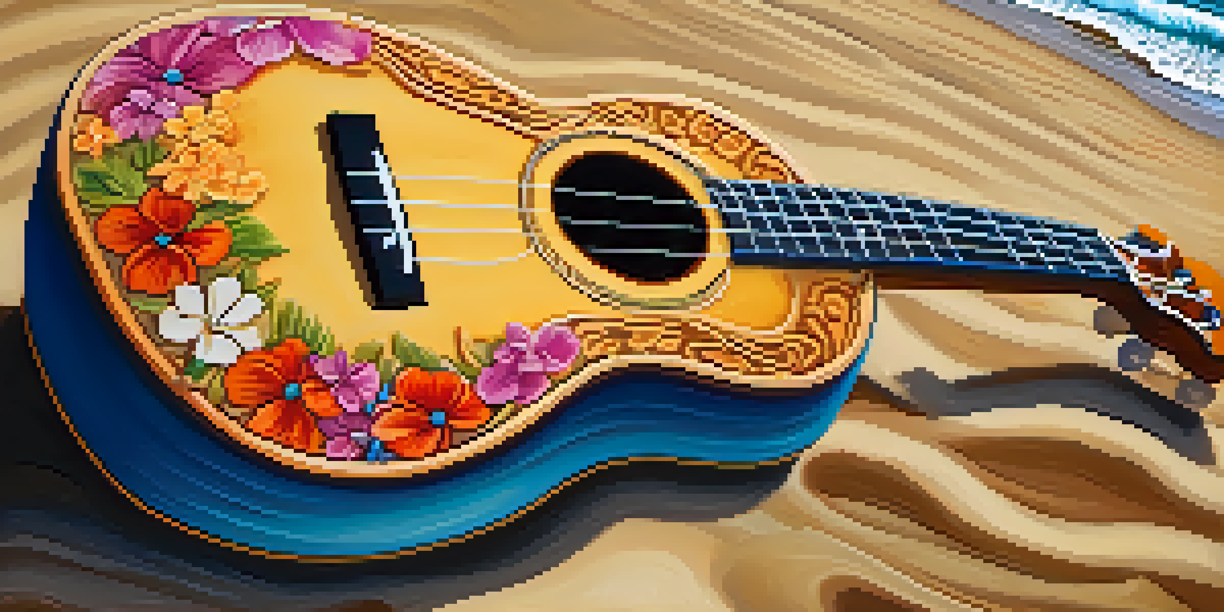 A close-up of a ukulele on the beach with flowers and sunset in the background.
