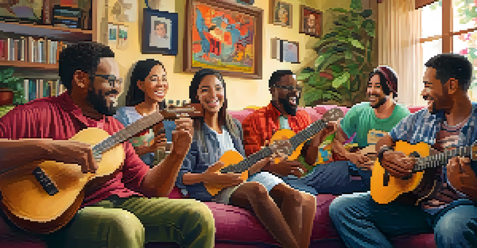 A diverse group of musicians playing ukuleles together in a cozy living room.