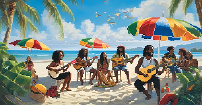 A lively beach scene with diverse musicians playing ukuleles under the sun, surrounded by palm trees and colorful beach umbrellas.