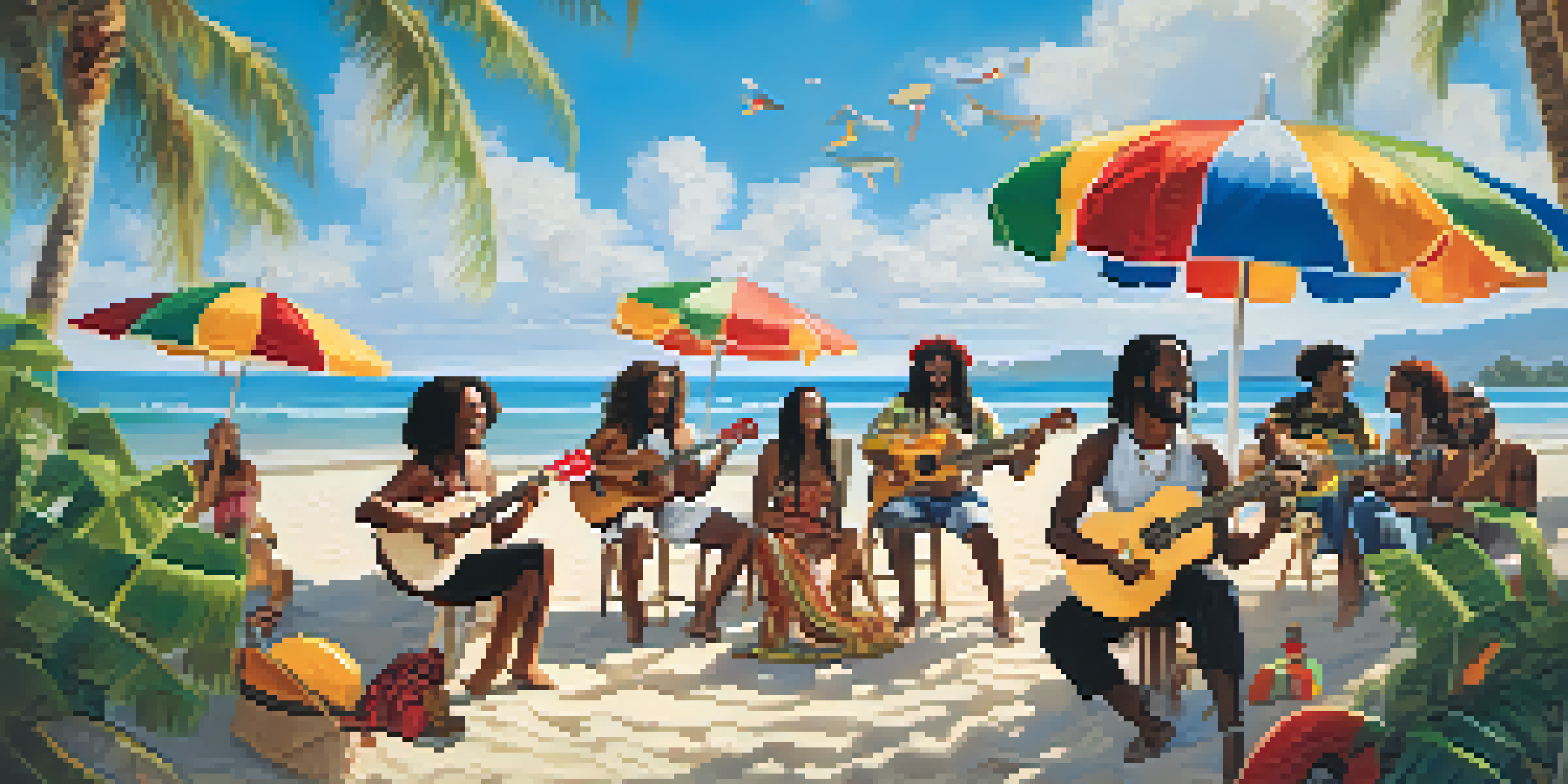 A lively beach scene with diverse musicians playing ukuleles under the sun, surrounded by palm trees and colorful beach umbrellas.