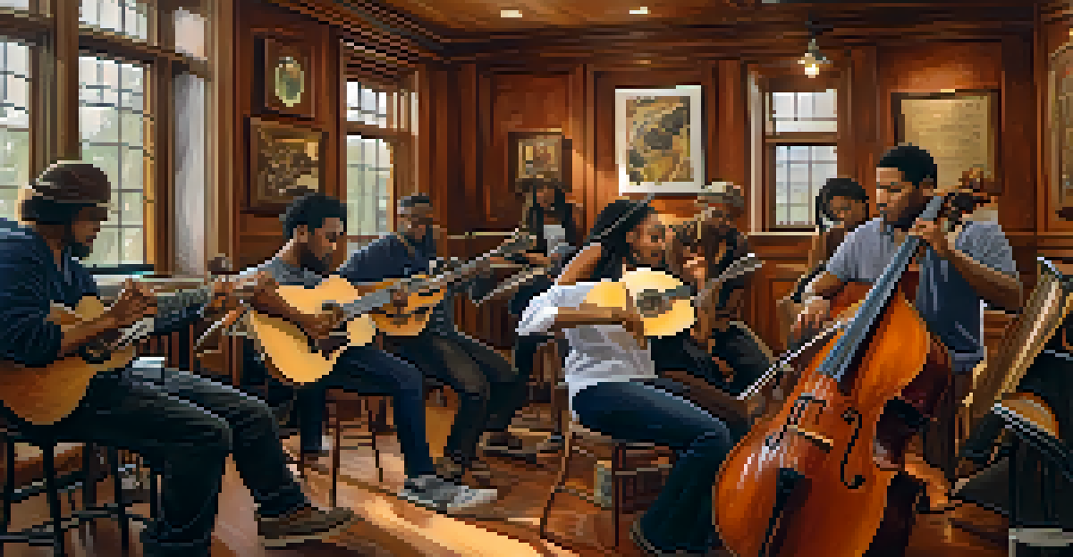 A diverse group of musicians participating in a jam session in a warm indoor setting, showcasing their concentration and collaboration.