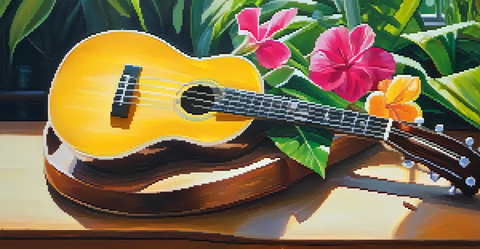 A close-up of a ukulele on a wooden table, surrounded by colorful tropical flowers and illuminated by warm sunlight.