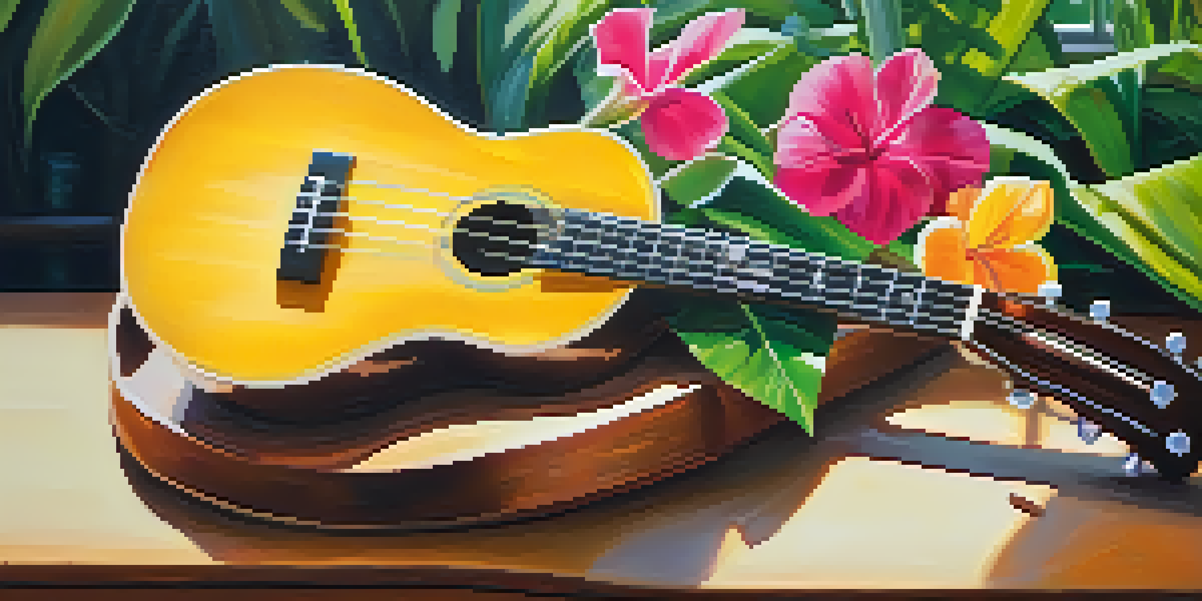 A close-up of a ukulele on a wooden table, surrounded by colorful tropical flowers and illuminated by warm sunlight.