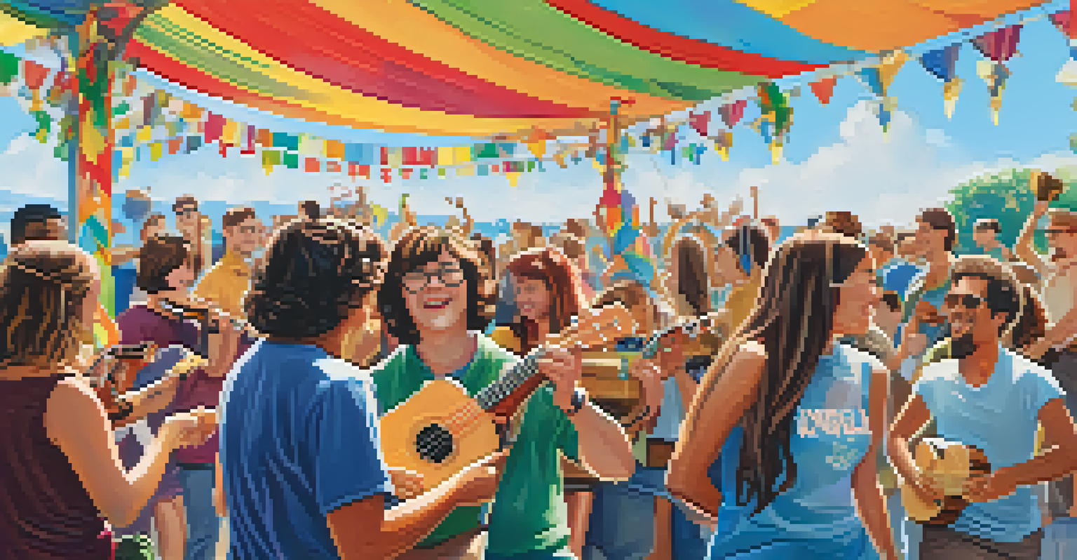 Musicians playing ukuleles on stage at an outdoor music festival with a lively crowd.