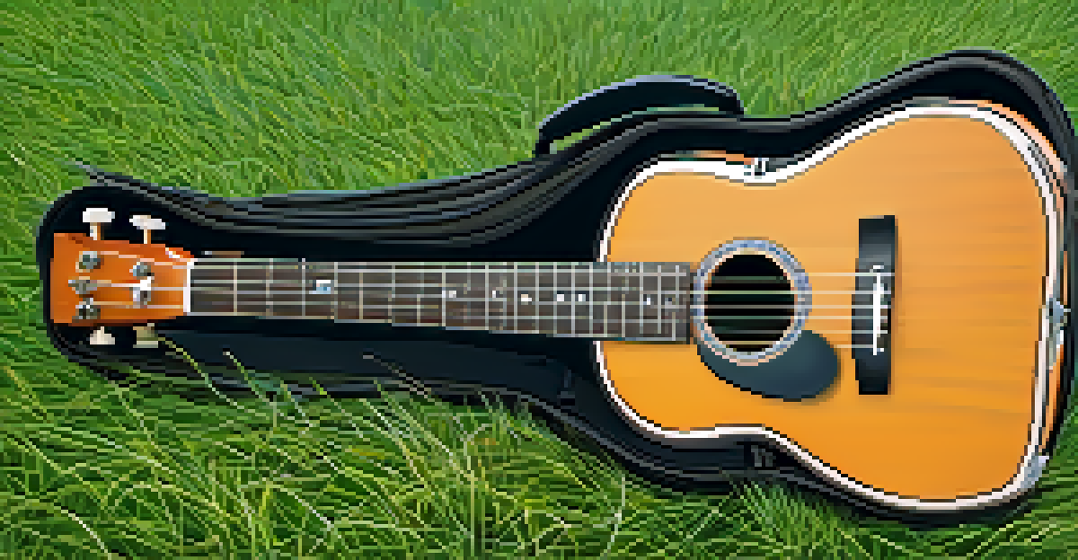 A hard ukulele case in a grassy field under a blue sky, highlighting its waterproof features and stitching in bright sunlight.
