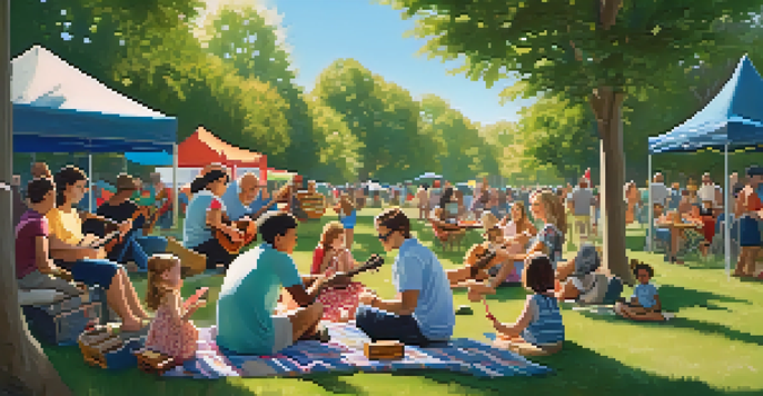 A lively outdoor gathering where people of different ages play ukuleles and enjoy music in a sunny park setting.