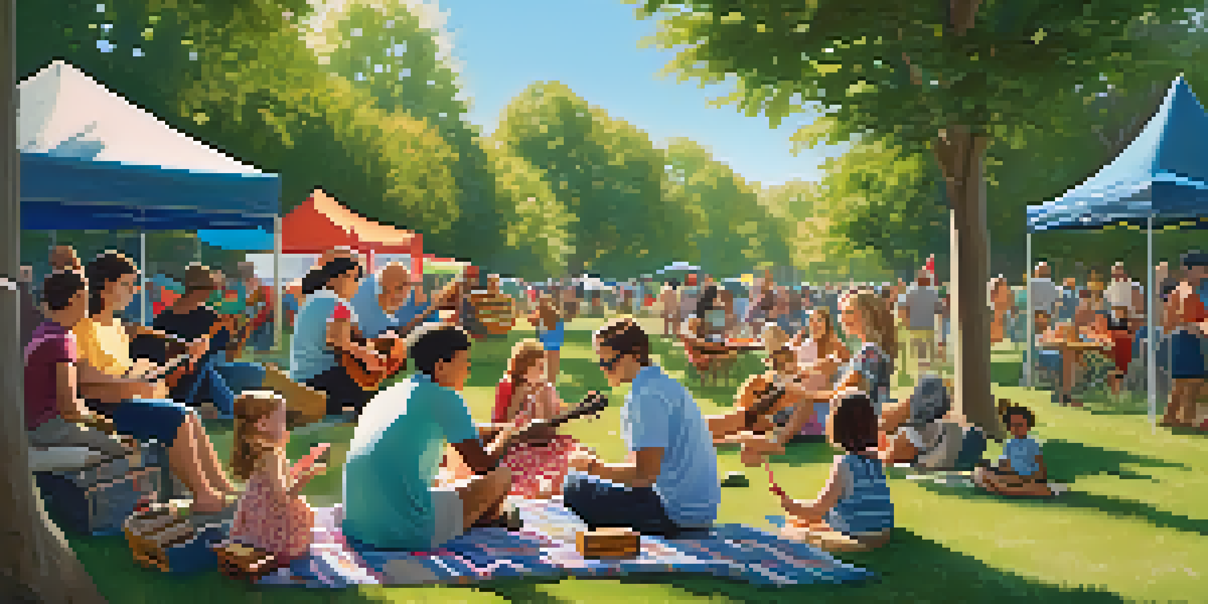A lively outdoor gathering where people of different ages play ukuleles and enjoy music in a sunny park setting.