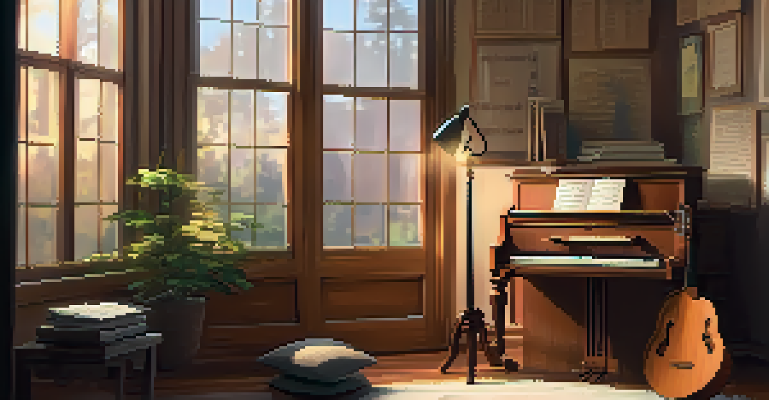 A warm indoor scene with a ukulele on a music stand beside a notebook with song lyrics, illuminated by soft light, evoking a creative ambiance.