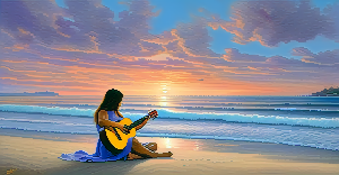 A young woman playing a ukulele at the beach during sunset, with vibrant colors in the sky and gentle waves.