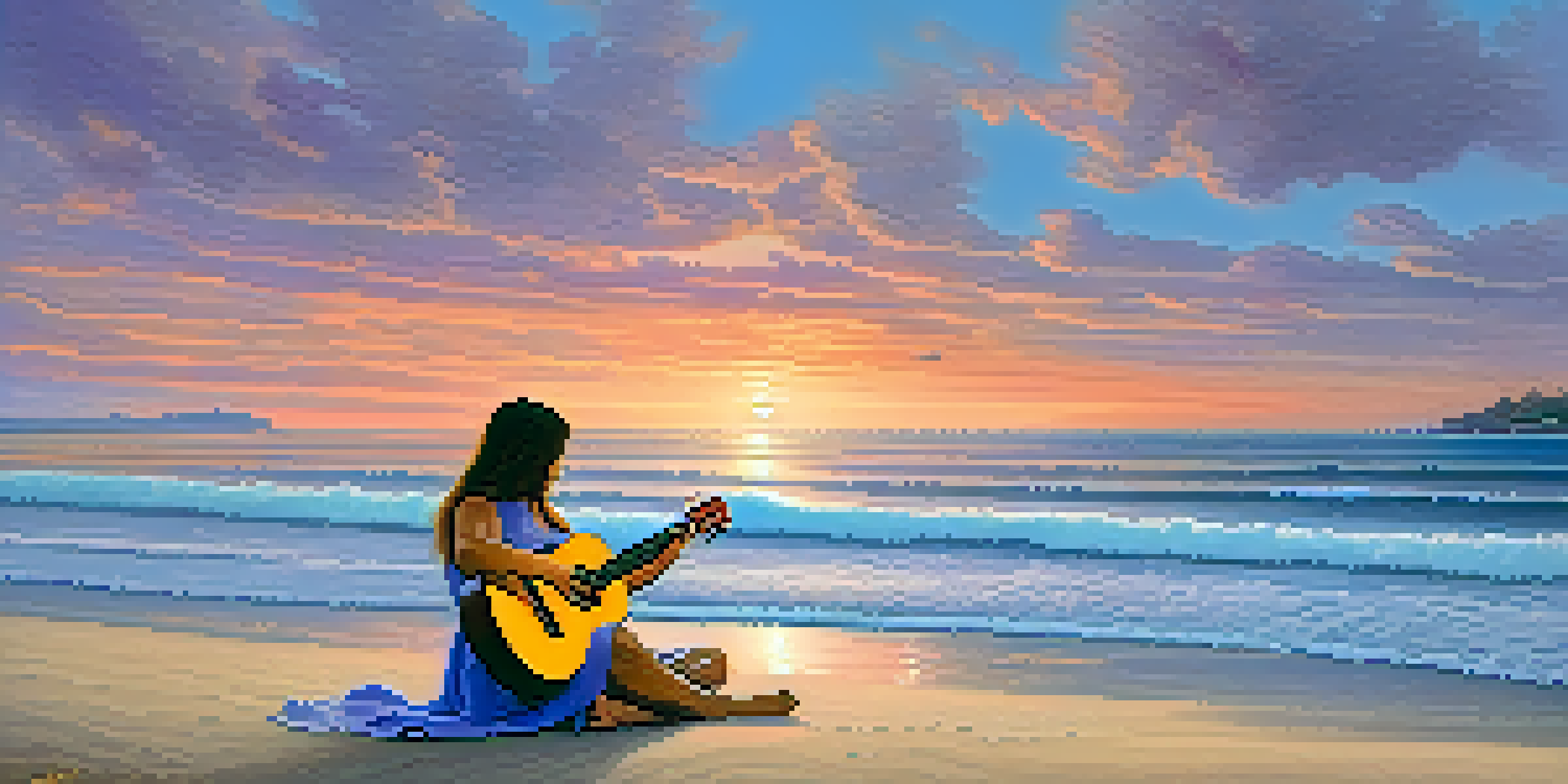 A young woman playing a ukulele at the beach during sunset, with vibrant colors in the sky and gentle waves.