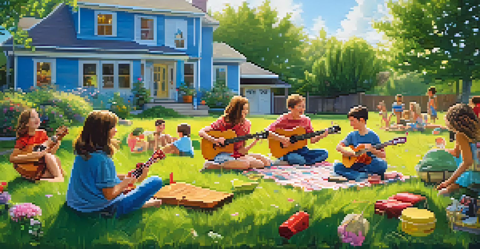 Children practicing ukulele in a sunny backyard, enjoying music and each other's company.