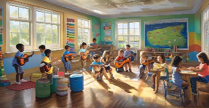 A lively classroom filled with children playing ukuleles, surrounded by colorful decorations and sunlight.